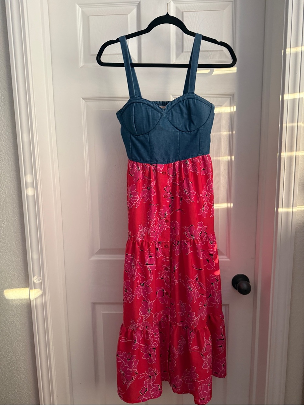 Denim-Top Pink Floral Tiered women’s ' Dress